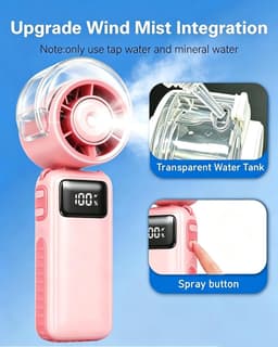 Handventilator met nevel - 65,5 × 54 × 175 mm - Draagbaar - 3600 mAh - Oplaadbaar - 5 windsnelheden - Opvouwbaar - Ideaal voor buitenactiviteiten, reizen, strand, kamperen, golfen - Roze — thumbnail 4