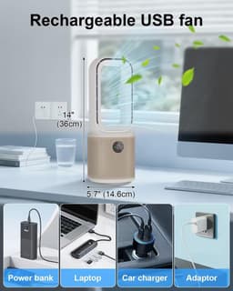 13,5-inch bladeloze tafelventilator, oplaadbare USB-ventilator, compact en fluisterstil, 9 snelheden, led-nachtlampje, 60° oscillatie, timer (1-9 uur), geschikt voor thuis, kantoor en slaapkamer — thumbnail 2