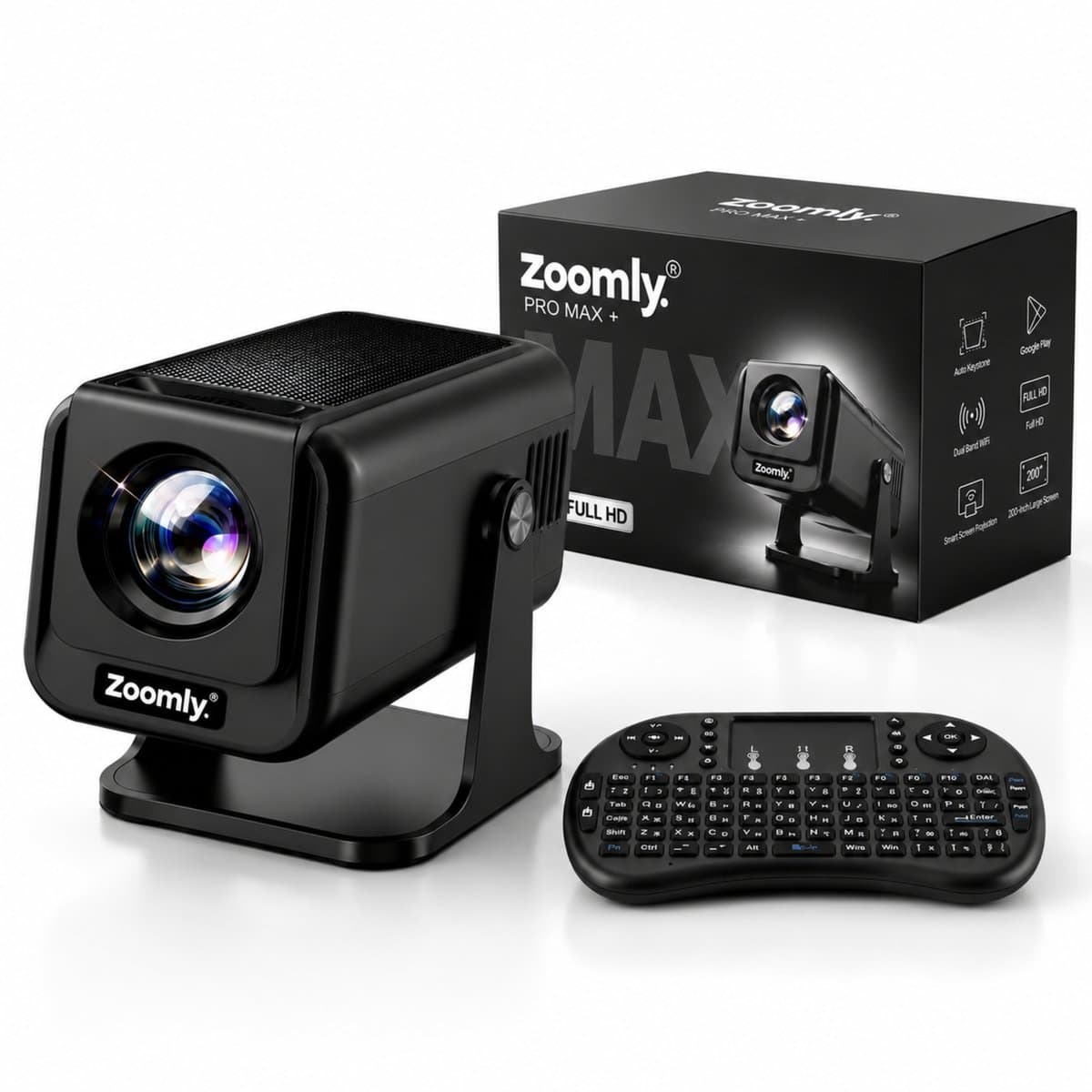 Zoomly® Pro MAX+ Mini Beamer – 700 ANSI Lumen – Thuisbioscoop Beamer met Android 14, WiFi 6 & Bluetooth 5.4 – Full HD 1080p – Ondersteunt 4K – Gratis Smart Remote — afbeelding 1