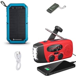 Noodradio Solar Opwindbaar en Batterij - Noodpakket - Draagbare Survival Radio - Inclusief 10.000 mAh Solar Powerbank en Noodfluit - Powerbank Zonneenergie - Bouwradio - Zaklamp - Rood — thumbnail 1