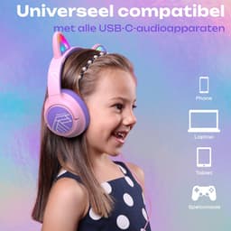 PowerLocus Bobo – USB-C Kinder Koptelefoon met Draad - Koptelefoon voor kinderen - Veilig volume van 85dB en 94dB - Katten Oortjes - Led Verlichting - Met microfoon – Stickers – Paars/Roze — thumbnail 5
