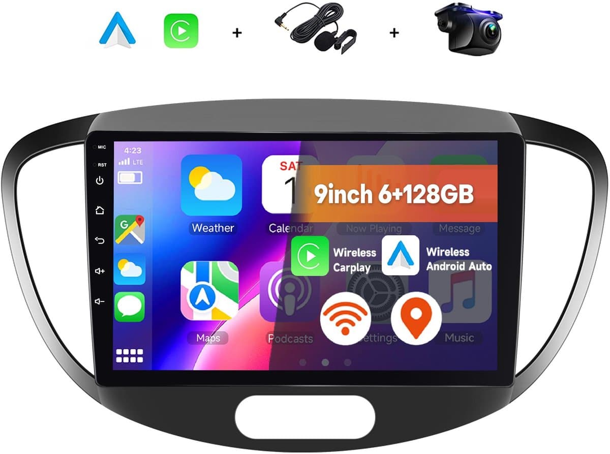 Boscer 2 Din Autoradio - Geschikt voor Hyundai i10 2008-2013 - Draadloos Apple CarPlay & Android Auto - 9 Inch HD Touchscreen - Android 15 - 6+128GB - GPS Navigatie - WiFi, Bluetooth & USB - Achteruitrijcamera & Microfoon — afbeelding 1