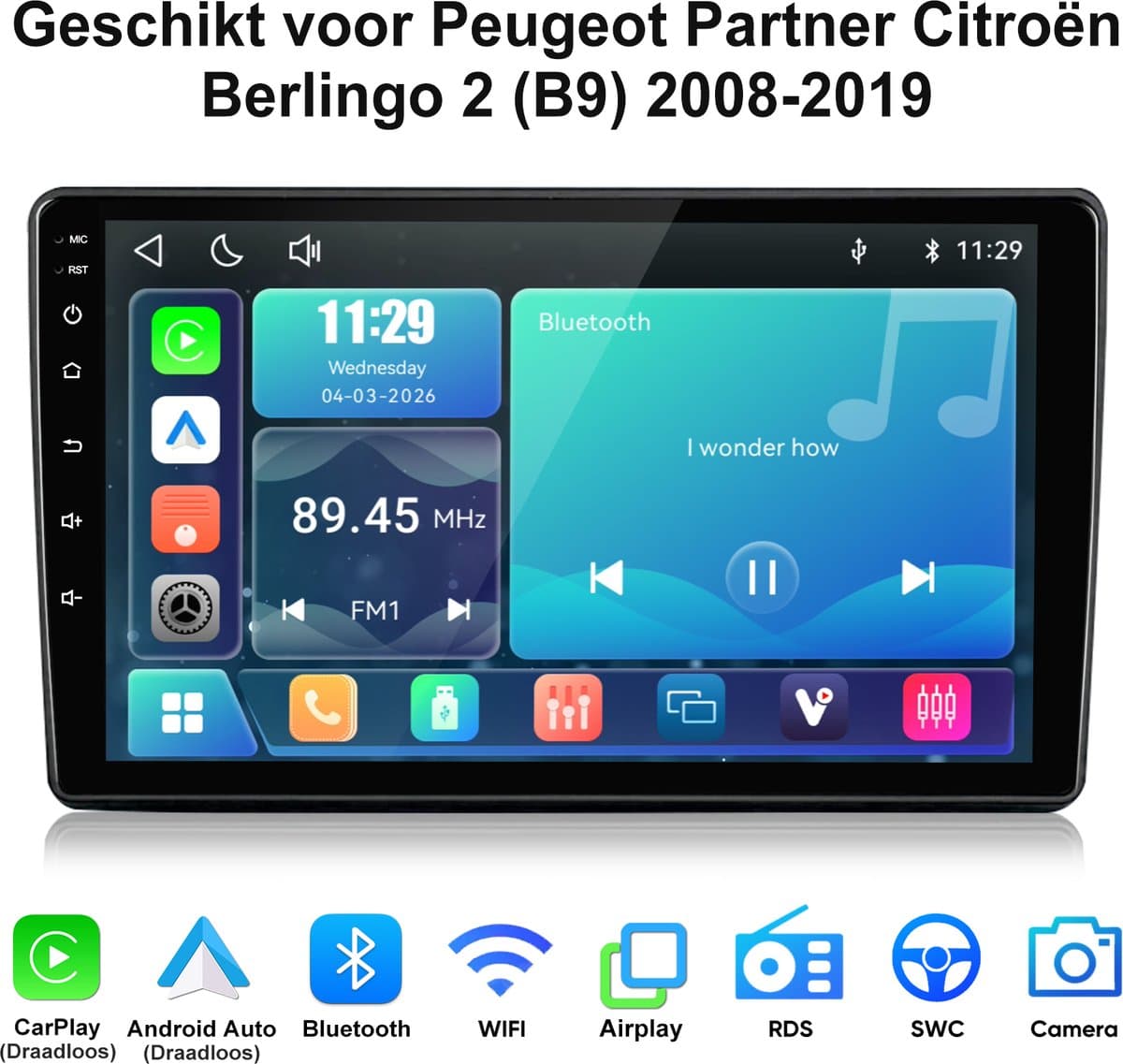 Junsun lINUX Draadloos Carplay & Andriod Auto Geschikt voor Peugeot Partner Citroën Berlingo 2 (B9) 2008-2019 - 9 Inch HD TouchScreen - Bluetooth - GPS navigatie- WiFi -FM - RDS- Airplay - Quad-core processor — afbeelding 1