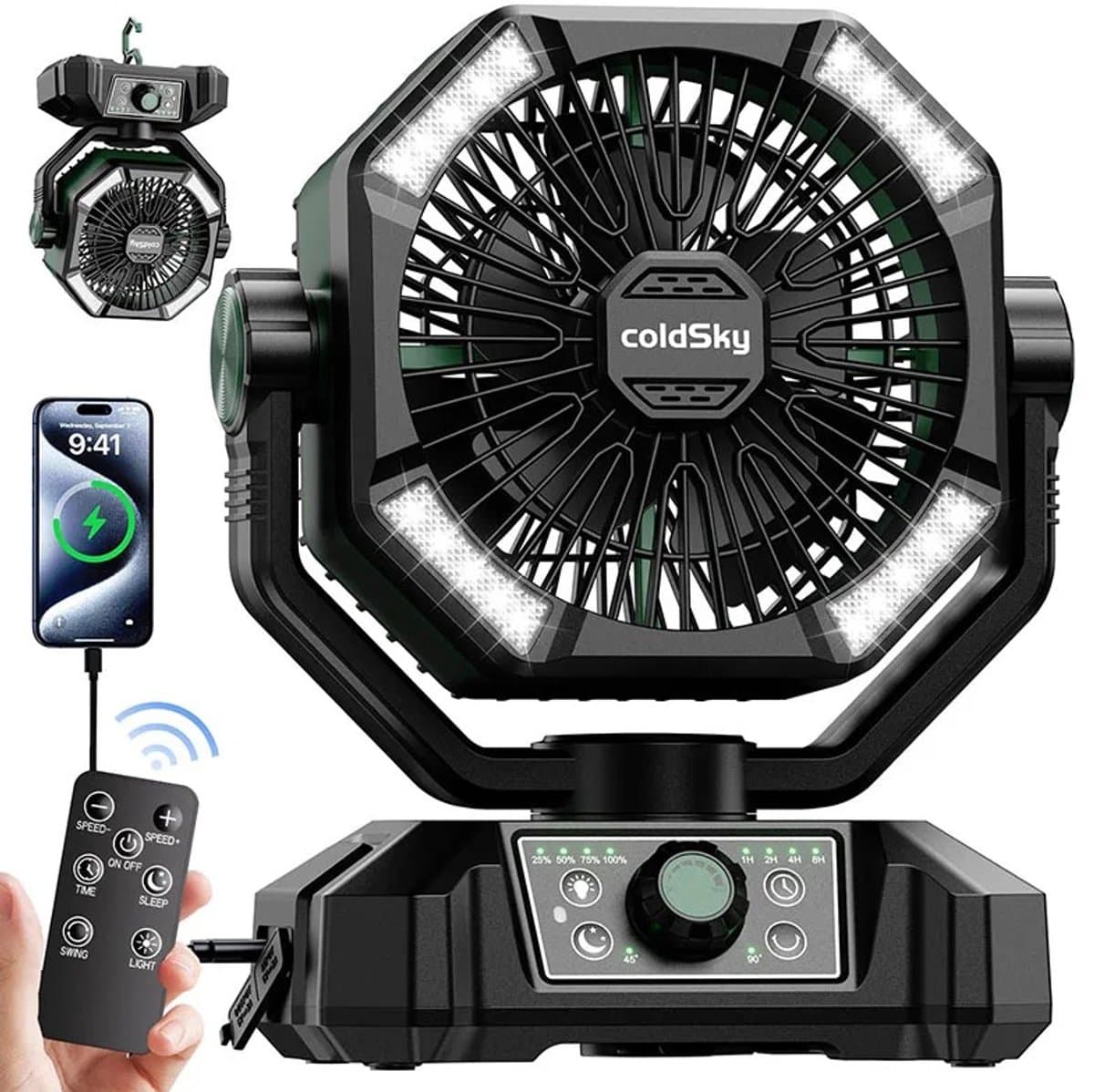 Loushops - Ventilator - Ventilator staand - Campingventilator - Accuventilator - LED-verlichting - 8 Snelheden - Afstandsbediening — afbeelding 1