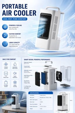 Draagbare verdampingskoeler, persoonlijke koelventilator met verneveling (1,7 l), 3 snelheden en 3 instelbare vernevelingsstanden; ultrastille mini-airco-ventilator met draaggreep voor slaapkamer, kantoor, bureau, camper en gebruik binnenshuis. — thumbnail 2