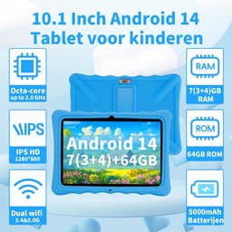SnelShoppen - Veidoo Kids Tablet 10.1 inch IPS - 7GB RAM, 64GB ROM, Dual Camera, WiFi 6, Octa-Core, Parental Control, Silicone Case - Perfect voor Kin — thumbnail 2