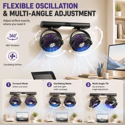 Kraftverdia® Dubbele Luchtcirculator – USB Oplaadbare Bureauventilator met 2 Ventilatorkoppen – Tafel-, Hang- en Wandventilator – 3 Snelheden – LED Verlichting – Type-C – Grijs — thumbnail 4