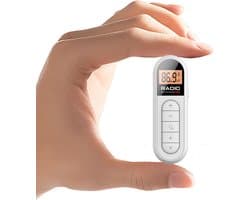 Mini Zakradio - FM 76-108MHz - USB-C Oplaadbaar - Wit - LCD Display - Draagbare Pocket Radio met Hoofdtelefoonaansluiting - Ultra Lichtgewicht - Clip-on