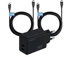 Snellader usb C adapter 45 W - Dual port Power Delivery GaN oplader met 2 usb C naar usb C kabels 2m - Laptop oplader usb C