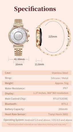 Knobbout Luxe Dames Smartwatch 1.27” met Kristallen – Bluetooth Bellen – HD Touchscreen – Hartslag, Bloeddruk & SpO₂ Monitoring – Vrouwelijke Gezondheidsfuncties – AI spraakassistent– IP68 Waterdicht – Rosé goud stalen horlogeband — thumbnail 2