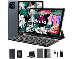 KINGRID T90 Tablet - Gemini AI - 24GB RAM - 128GB ROM - Met Toetsenbord - Android 16 - 8000mAh - Octa Core T615 - 5G WiFi - Widevine L1 - GPS - Grijs