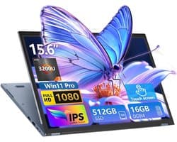 Ninkear 15.6" FHD IPS Touchscreen Laptop – 360° Flip 2-in-1 Convertible – AMD Ryzen 3 3200U – 16GB RAM – 512GB SSD – Windows 11 Pro – Dual-Band WiFi – Zilver