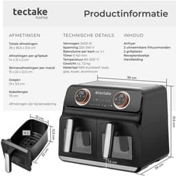 tectake® Dubbele Airfryer Samurai - Airfryer XXL - 8L inhoud - 2400W - 7 bakprogramma's - 2 Lades - Dubbele mand - Dual zone technologie - Heteluchtfriteuse — thumbnail 7