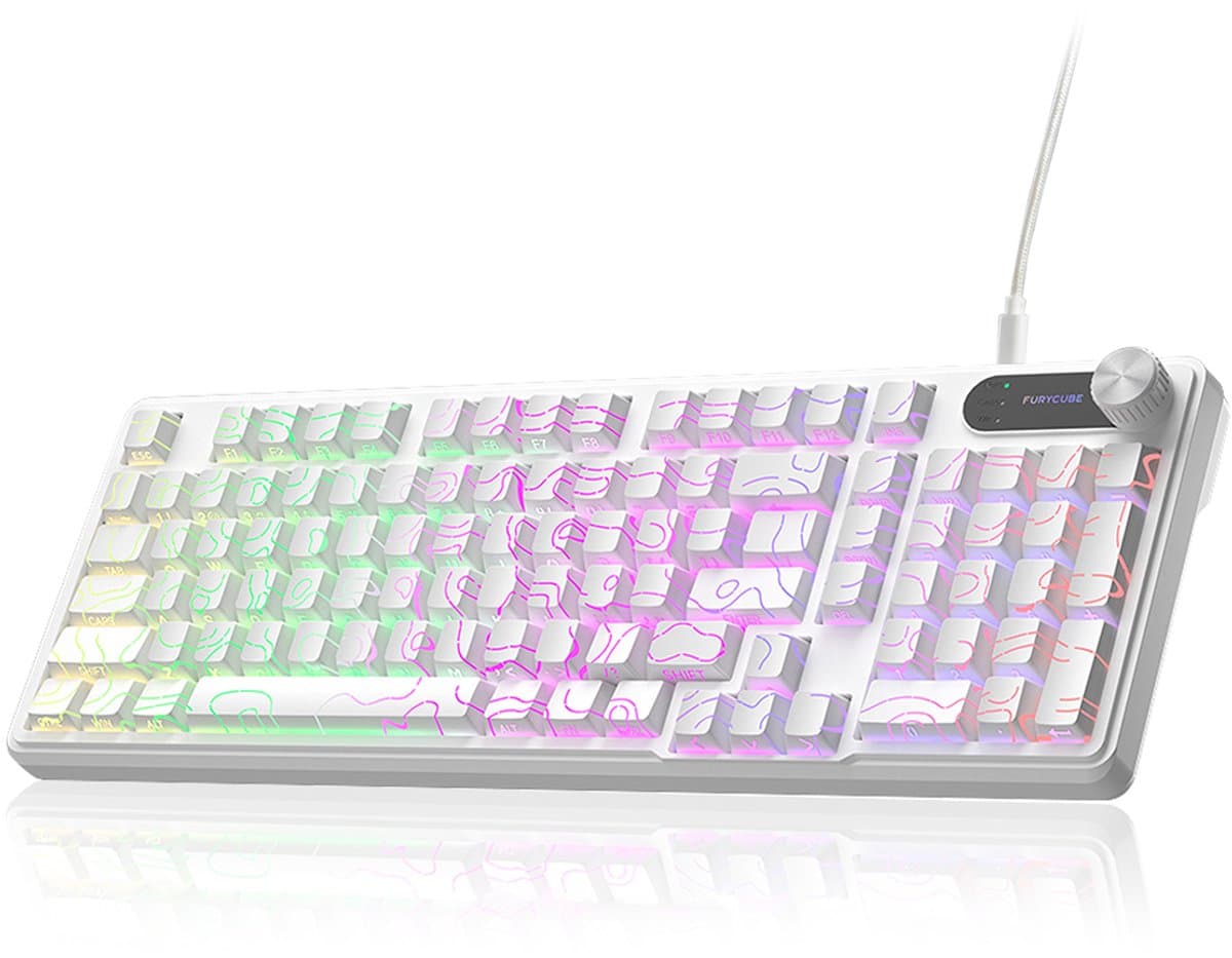 FURYCUBE IP98 - 95% Bedraad Gaming Toetsenbord - 98keys - RGBVerlicht toetsenbord -TFT Scherm - Multifunctionele Draaiknop -RGB - Side Printed PBT Keycaps - mechanisch gevoel - Stil toetsenbord - Comfortable to the touch -White Contour Line — afbeelding 1