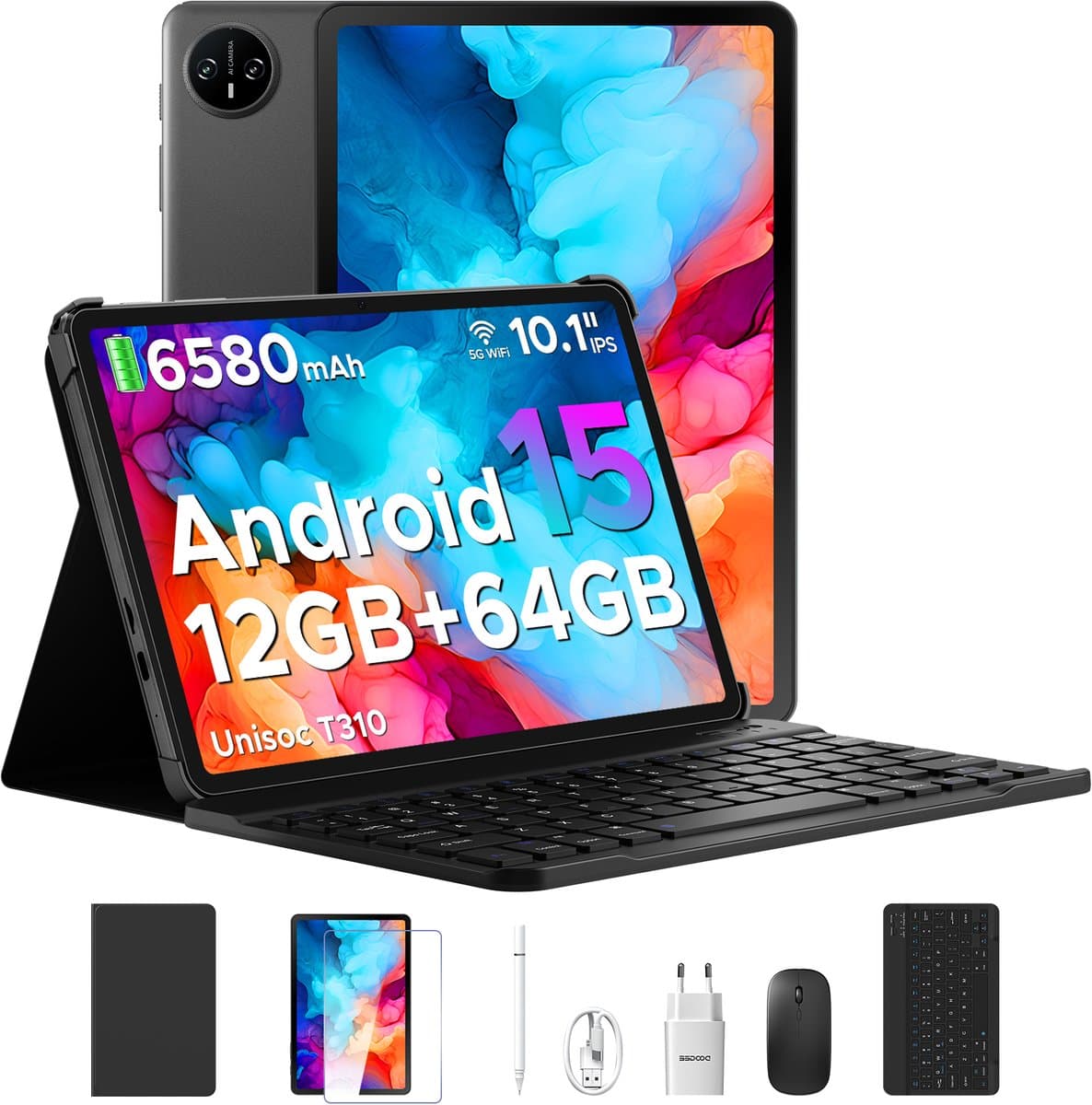 DOOGEE TAB A9 VIP - Tablet - 9 GB RAM + 64 GB ROM (2TB/TF) - 10,1" HD IPS - Android 15 - 6580 mAh - 5G WiFi - Face ID - met toetsenbord en stylus - dubbele luidspreker - Zwart — afbeelding 1
