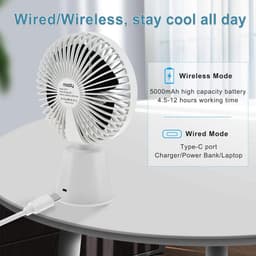 Stille Tafelventilator met 5000 mAh Accu - USB-Oplaadbare Ventilator met 135 Graden Oscillatie en 3 Snelheden voor Thuis en Kantoor - Wit — thumbnail 5