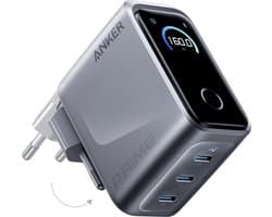 Anker Prime Oplader, 160W 3-Poorts Compacte USB-C GaN Oplader, Slim Display en Touch Control, Ultrasnelle 140W Enkele-Poort Oplading voor Laptop