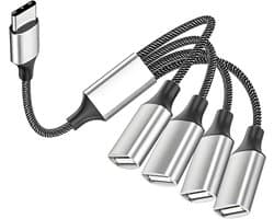 USB-C splitter 1 naar 4 | USB-C mannelijk naar 4 USB-A vrouwelijk kabeladapter | Type-C splitter Geschikt voor stroom en data, compatibel met mobiele telefoons, tablets, laptops, Macs, auto's, PS4, PS5 enz|Cyslmuk®