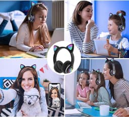 Hoofdtelefoon met kattenoortjes, Bluetooth stereo hoofdtelefoon, met ledverlichting en microfoon, RGB gaming hoofdtelefoon, over-ear model, zwart. — thumbnail 5