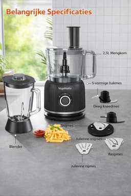 Keukenmachine & Blender Combinatie 1500 W – 2,5 L Keukenmachine + 2 L Glazen Blender – 2 Snelheden & Puls – Voor Deeg, Smoothies & Meer — thumbnail 2