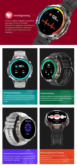 DrPhone ChronaX Max Rugged Smartwatch – 1.73” AMOLED – 100 Dagen Batterij – BT Bellen – SpO2 – GPS Tracking – 100+ Sportmodi – Roestvrij Stalen, PU Leren En Siliconen band - Zwart — thumbnail 3