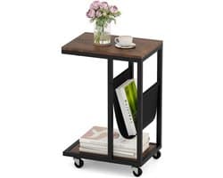 COSTWAY Bijzettafel met wieltjes, banktafel, C-vorm, koffietafel met opbergzak, woonkamertafel met metalen frame, voor koffie en laptop, industrieel design