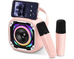 Mini Kinder Karaoke Machines met 2 Microfoons, Draadloze Draagbare Bluetooth Luidspreker met Telefoonsteun/Dynamisch Licht/Stemverander Effecten, Roze