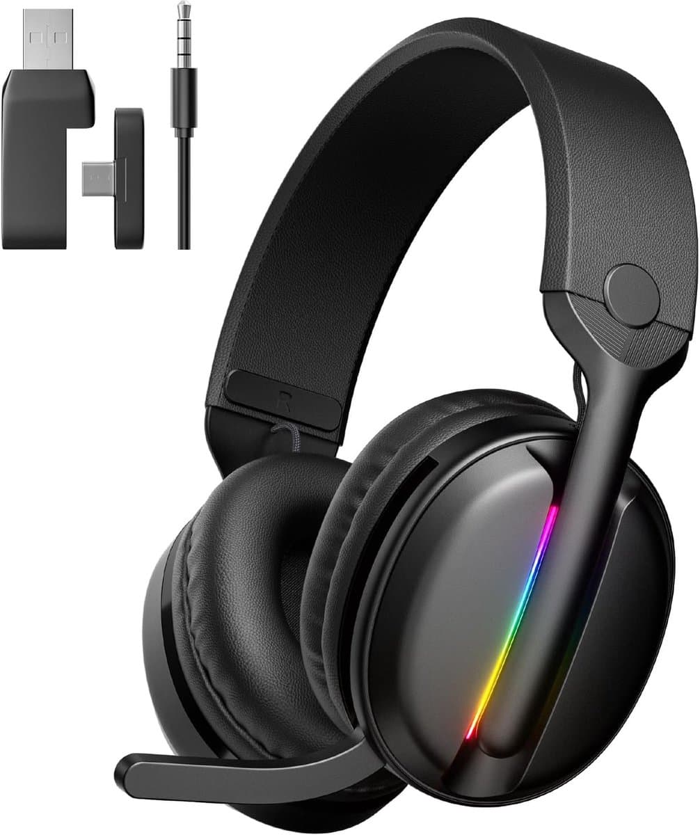 MANKIW Draadloze Gaming Headset – 3 Modi (2.4G / Bluetooth / Type-C) – Verstelbare Dubbele Microfoons – 20 ms Lage Latentie – 40 Uur Batterijduur – 3,5 mm Kabelmodus – Compatibel met PC, PS5, Xbox – Zwart — afbeelding 1