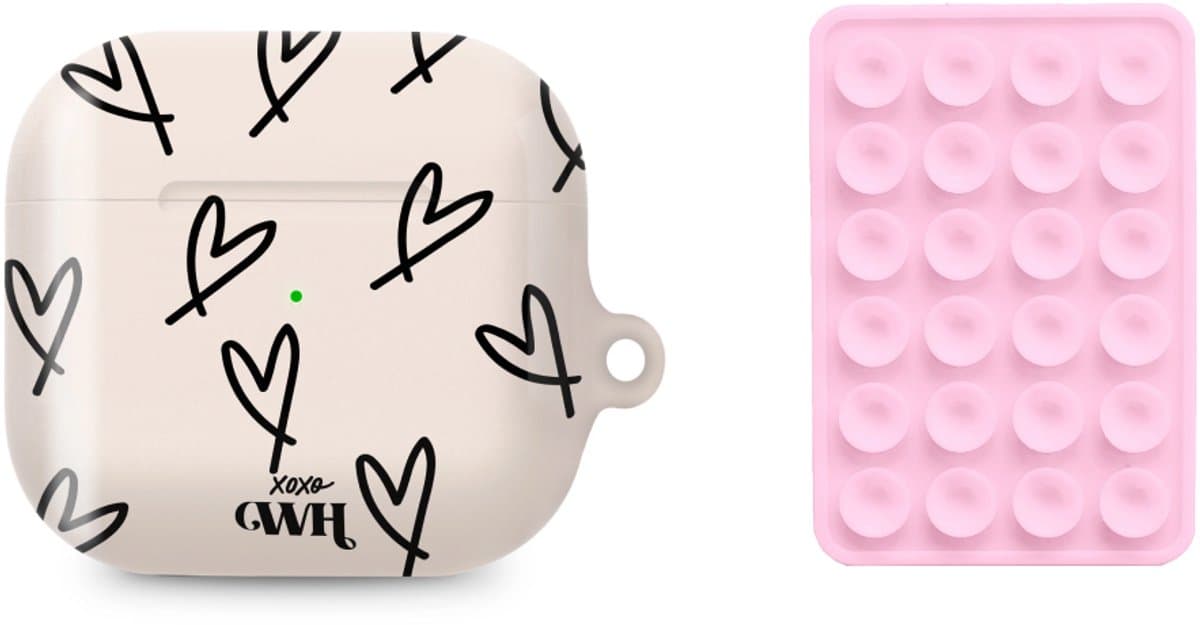 xoxo Wildhearts AirPods hoesje All Yours Beige & Zwart + Telefoonsticker Stick On Me Square Lichtroze – geschikt voor AirPods 4 — afbeelding 1