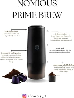 Nomious Prime Brew Draagbare Espressomachine – Zelfverwarmend Koffiezetapparaat voor Onderweg, Camping & Camper – Geschikt voor Nespresso® Capsules en Gemalen Koffie – USB-C Oplaadbaar — thumbnail 2
