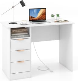 COSTWAY Bureau met 3 laden en laadstation, kleine computertafel, kinderbureau, moderne bureautafel, pc-tafel voor slaapkamer, werkkamer, kantoor, wit, 108 x 48 x 76 cm — thumbnail 1