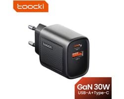 Toocki GaN Snellader | USB-C & USB-A Oplader - Usb Stekker - Oplaad kop - Oplaad blok | Oplaad Adapter | 30W Quick Charger - USB-C & USB-A -2X Oplaad Poorten- 30 watt oplader -Geschikt Voor Alle Smartphones, Tablets & Laptops- Telefoon Oplader |Zwart