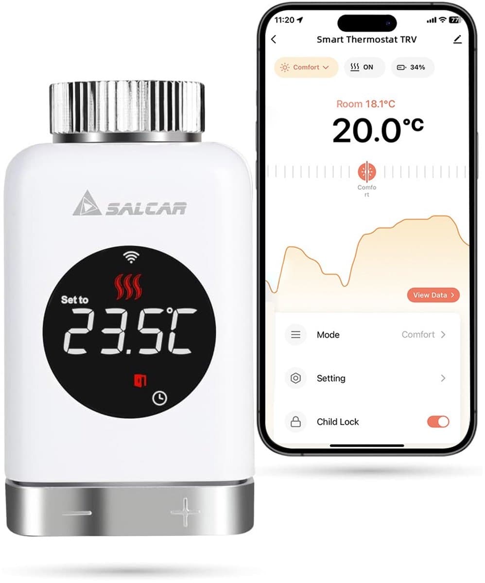 SALCAR Radiatorthermostaat TRV801W - Slim LCD WiFi Thermostaat - Compatibel met Amazon Alexa & Google Home - Tuya Smart - Geen Gateway Nodig — afbeelding 1