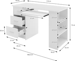 Bureau met drie laden drie legplanken en toetsenbordlade 110x49x75 cm Wit hout ML-Design — thumbnail 4