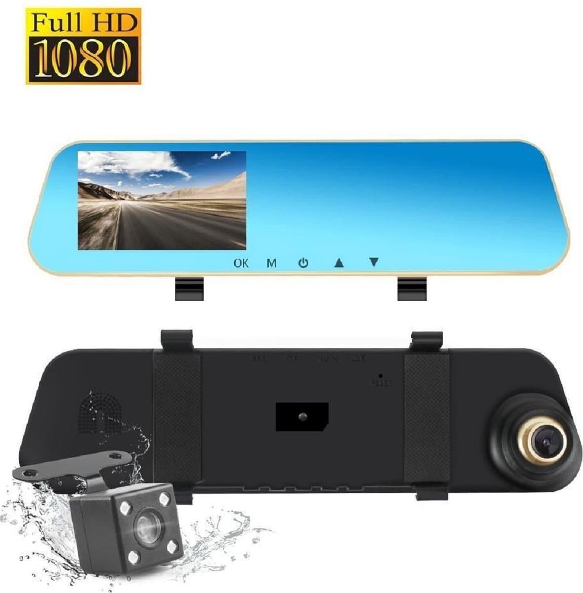 Full HD auto dashcam spiegel, autoblackbox DVR, voor en achter camera. — afbeelding 1