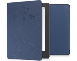 kwmobile e-reader hoesje geschikt voor Kobo Aura H2O Edition 2 hoes - E reader flip case met magnetische sluiting - Ereader cover - Stengels en Vlinder design in donkerblauw