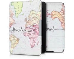 kwmobile e-reader hoesje geschikt voor Amazon Kindle Paperwhite hoes - E reader flip case met magnetische sluiting - Ereader cover - Travel Wereldkaart design in zwart / meerkleurig