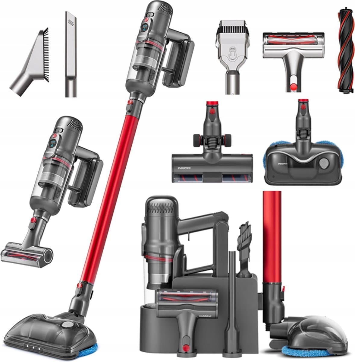 Puppyoo T12 Pro Rinse - Steelstofzuiger - 7 Opzetstukken - Met Dweilfunctie - Rood/Zilver — afbeelding 1