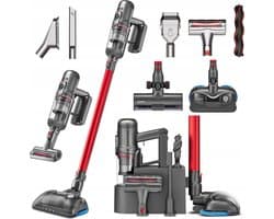 Puppyoo T12 Pro Rinse - Steelstofzuiger - 7 Opzetstukken - Met Dweilfunctie - Rood/Zilver