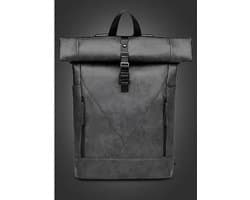 Manks Collections ® Rolltop Laptop Rugzak tot 17 laptop inch - Rugtas 20 tot 28 L - waterproof - PU Leer Waterdicht en Duurzaam - Zwart PU leer rolltop rugzak