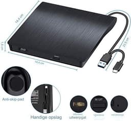 Externe DVD Speler - Externe DVD Speler voor Laptop - Externe DVD Speler en Brander - USB 3.0 en Type-C, Draagbare CD-DVD-Brander — thumbnail 2