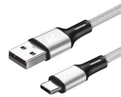 USB-C Data- en Laadkabel - 2.4A Snellader Kabel - Fast en Quick Charge Oplaadkabel - Type C Naar USB-A - Oplaadsnoer Telefoon - Laptop - Gevlochten Nylon – Zilver – 2 Meter - Wilsem ®
