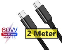 Phreeze USB C naar USB C Oplaadkabel - 2M - 60W Snelladen - 3A - Gevlochten Nylon - Geschikt voor Laptop en Telefoon