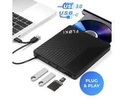 Floki® 4in1 Externe dvd/cd speler & brander voor laptop - MacOS Windows & Linux - Met USB-hub - Plug & Play - Optical Drive - USB 3.0 en USB-C