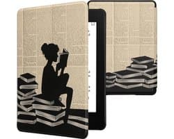 kwmobile e-reader hoesje geschikt voor Amazon Kindle Paperwhite 11. Generation 2021 hoes - E reader flip case met magnetische sluiting - Ereader cover - Meisje met boeken design in zwart / beige