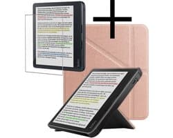 Hoes Geschikt voor Kobo Libra Colour Hoesje Bookcase Cover Book Case Hoes Sleepcover Trifold Met Screenprotector - Rosé Goud