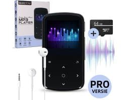 Quretto - MP3 Speler met Touchscreen en Bluetooth - Met clip - Voice Recorder - Met FM radio - Incl. Oordopjes - inclusief 64 GB SD kaart