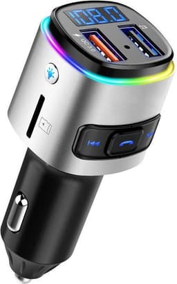 Multicolor Light FM Transmitter Bluetooth Draadloze Carkit met 2 snellader USB Poorten - voor muziek afspelen in auto – Handsfree bellen – Met Stembediening – Auto oplader – voor Samsung / iPhone / Sony / Huawei – Grijs — thumbnail 1