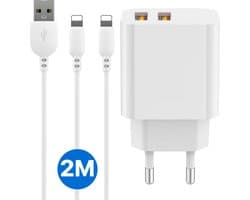 2.4A USB Lader met Dubbele USB Poorten + 2x Originele USB naar 8-PIN Kabels - Geschikt voor iPhone, iPad met Lightning Poort
