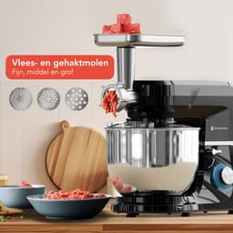 KitchenBrothers Keukenmachine - Keukenrobot - 6-in-1 Keukenmixer - Met Gehaktmolen, Blender en 15 Accessoires - 6,2L RVS Kom - Zwart — thumbnail 3